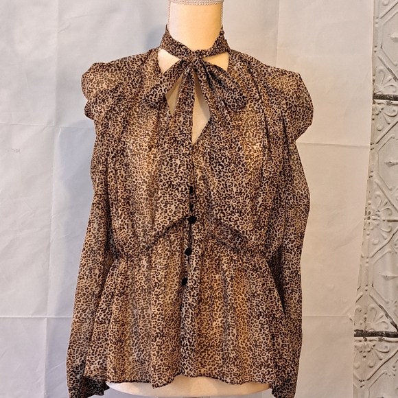 ZARA LEOPARD PRINT PUSSYCAT BOW TIE 90'S STYLE BLOUSE IN BLACK/BROWN SZ M - Picture 15 of 15